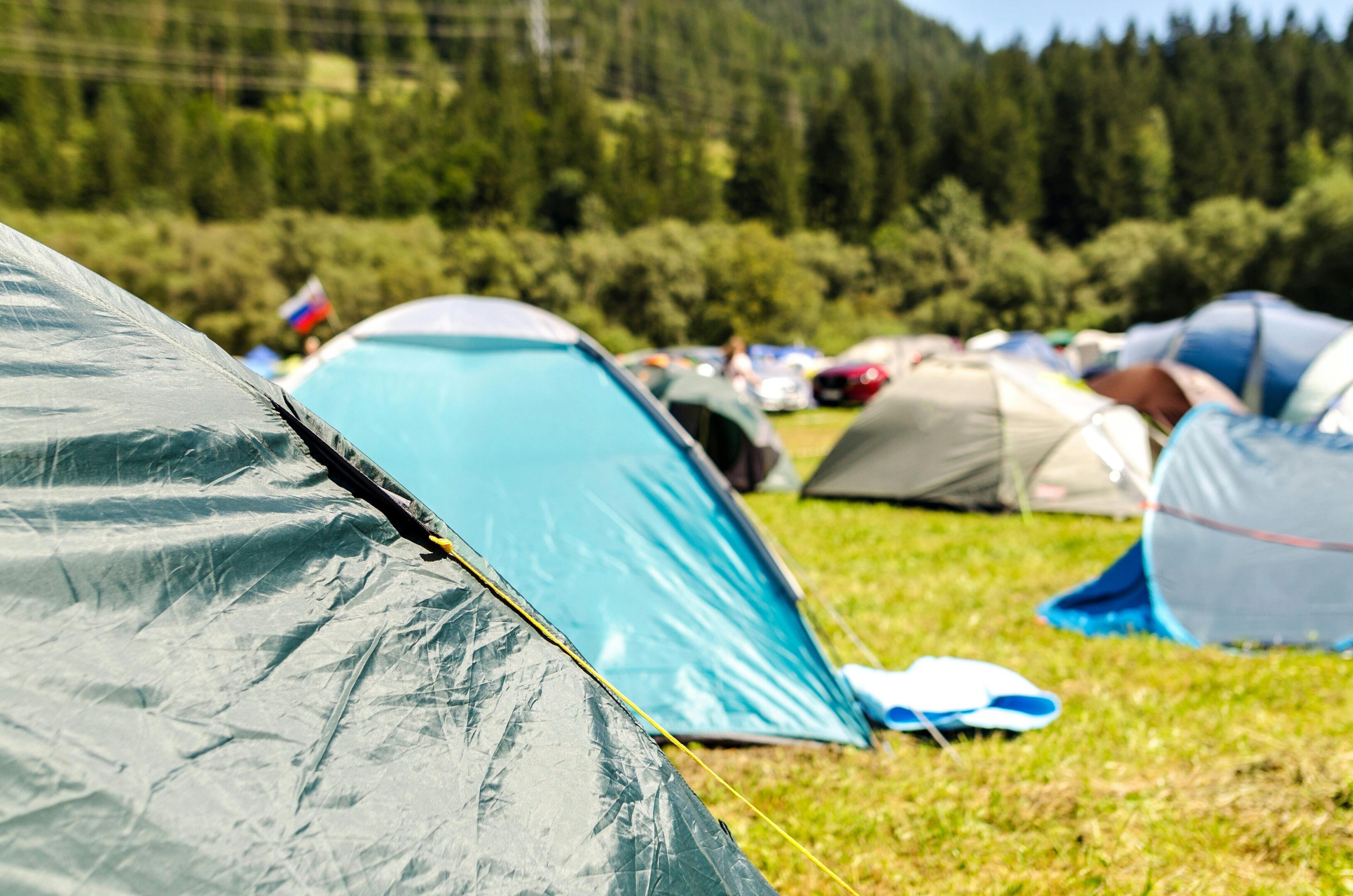 Colorful camping tents in grassy field